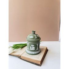 Vintage Wedgwood Jasperware Sage Green Lidded Tobacco Jar Lion and Neoclassical picture