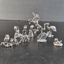 Vintage Pewter Figurines Set Of 9 Horses Unicorn Owl Bird Stork Girls  picture