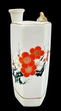 Vintage Japan Whistling Sake Decanter White Porcelain Gold Bird Red Floral 6” picture