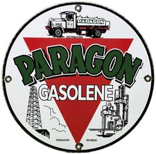 VINTAGE PARAGON GASOLENE PORCELAIN SIGN GAS STATION TANK TRUCK REFINERY DERRICK picture