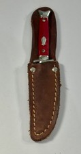 Vintage miniature fixed blade novelty red knife with leather sheath USA picture