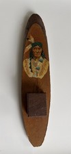 Vintage Wooden Wall Hanger Match Holder With Native American Indian Painted picture