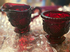 Avon Cape Cod 1876 Ruby Red Glass Creamer & Sugar Bowl Set w/ Handle picture