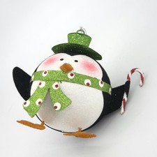Pier 1 Imports Penguin Christmas Ornament Green Top Hat Scarf Candy Cane Glitter picture