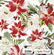 (2295) TWO Individ. Paper LUNCHEON Decoupage Napkins POINSETTIA ROSES CHRISTMAS picture