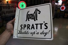RARE 1950s SPRATT DOG FOOD PAINTED METAL 2-SIDED FLANGE SIGN PET STORE VET K9 picture