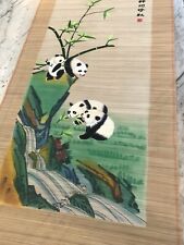 Vintage Taiwanese Hand-Painted & Crewel Stitched Panda Scroll, Oriental Bambo picture