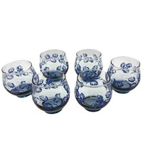 6 Vtg Libbey Blue Leaf Glasses Textured Floral Tumblers 3.5