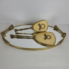 Vintage Vanity Set – Ornate Mirror Tray with Hand Brush & Mirror – Gold Tone 3PC picture