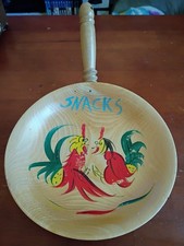 VTG  Mid Century Wooden Handled Snack Bowl Decor Roosters Fighting Made in Japan picture