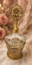 Vintage Ornate Gold Ormolu Footed Brass Encased Glass Perfume Bottle picture