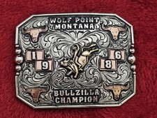 Bull Riding BULLZILLA Champion☆Rodeo Trophy Buckle☆Wolf Point MT☆1986☆Rare☆W86 picture