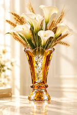 Vintage Bohemian Amber Crystal Vase-Cut to Clear Floral Glass Vase-Scalloped 6 picture
