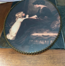 VTG Victorian Mother & Child Oval Wall Hanging Art Print w/ Metal Chain Hanger picture