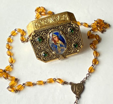 Antique Czech Gilt Reverse Glass Painted Portrait Rosary Box Czechoslovakia picture