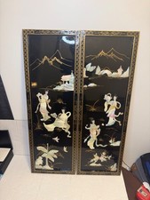 Vintage Chinese Black Lacquer Mother of Pearl Court Lady Wall Panels Pair 36” picture