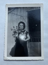 Vtg B&W Snapshot Pretty Woman Lady Holding Flowers & Candy Valentine's Day picture