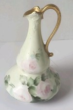 Vintage Porcelain Ewer Pitcher Vase Hand Painted Pink Roses Gold Gilt 5.5” picture