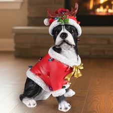 Christmas Boston Terrier Statue in Santa Outfit, Holiday Dog Figurine 14.57