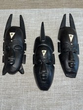 Set Of 3 Vintage Hand-Carved African Masks Wall Decor picture
