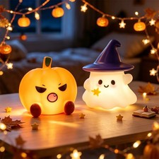 Halloween Cute Ghost Witch Hat Pumpkin Night Light Silicone LED Lamp Desktop Orn picture