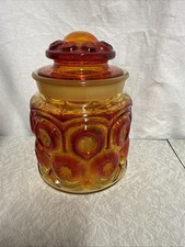 MCM L. E. Smith Red/ Yellow Amberina Moon & Stars Glass Canister  7” Chip On Lid picture