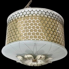 Vintage MCM Flush Mount Ceiling Light Atomic Floral Glass Perforated Metal Shade picture