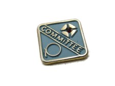 Vintage Committee Lapel Pin Screw Back Blue Enamel Gold Tone Red Rhinestone picture