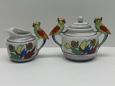 Rare Vtg Tashiro Shoten porcelain HandPainted Parrots Creamer & Sugar Bowl Set picture