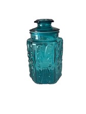 Vintage L.E. Smith Atterbury Scroll Canister Teal Blue Glass W/Lid, 9.5’ picture