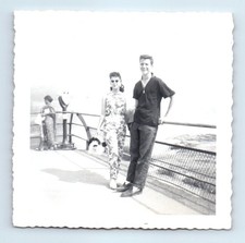 Old Vintage Square Photo MAN WOMAN COUPLE ON OBSERVATION DECK SNAPSHOT picture