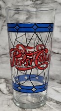 Vintage Pepsi-Cola Drinking Glass. Tumbler. Stained/Leaded Glass Look. Clear... picture