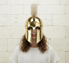 Handmade Golden Brass Spartan Helmet with White Crest Cosplay Armor picture