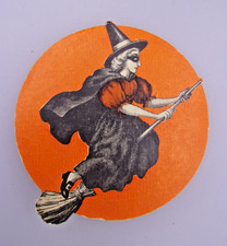 Vintage Flying Witch On Broom Die Cut Halloween Round Candy Box RARE picture