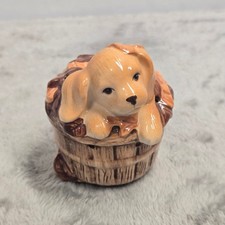 Avon Vintage Ceramic Puppy in Basket Autumn Leaves Potpourri Pomade Jar Brown picture