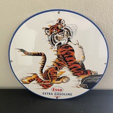 VINTAGE ESSO PUSHING TIGER GASOLINE MOTOR OIL PORCELAIN SIGN picture