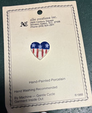 Carded Handcrafted Heart Porcelain Patriotic Button RED WHITE & BLUE 1 Inch picture