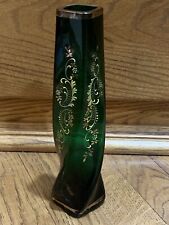 Vintage Czech Bohemian Glass 9” Vase Emerald Green Gold Hand Painted picture