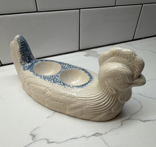 Ceramic Rooster Double Egg Cup Holder, White & Blue, Glazed, 2 Cups picture