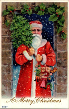 Santa Claus in Snowy Doorway with Tree~Toys~Antique Christmas Postcard~s-920 picture