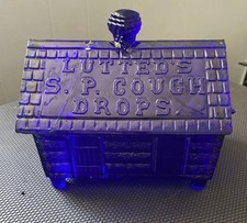 Vintage Lutted's S.P. Cough Drops Cobalt Blue Glass Log Cabin Repaired 7
