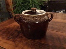Rubel Bean Pot, Brown Drip Glaze Two Handled Pot + Lid, Rustic Stoneware picture