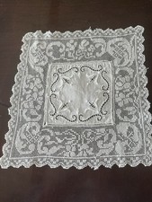 Beautiful VTG 1 @ 10” SQ Italian Doily ~ Embroidered Center w/Filet Lace Trim picture