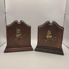 Vtg MCM Wooden Book Ends Owl Retro Brass 1970s Warm Tone picture