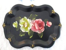 Vintage Hand Painted White & Pink Floral Tole Vanity Jewelry Perfume Pin Tray picture