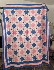 Antique Eight Point Star Quilt 80x66 Hand Quilted Wool Batting Pink Blue picture