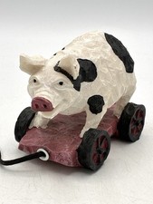 Vintage Jay Import Co. Pig on Wheels Pull Toy Figurine Resin 4” Farm Decor picture