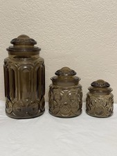 Vintage LE Smith Moon & Stars Rootbeer Smokey Brown 3 Jar Canister Set picture