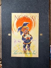 Original Norway Land of the Midnight Sun Travel Poster - Vintage Railroad Poste picture