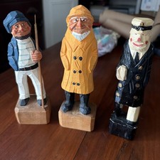 Vintage Hand-Carved Trio Of Old Sailors Wooden Figurines, Nautical Old Salty picture